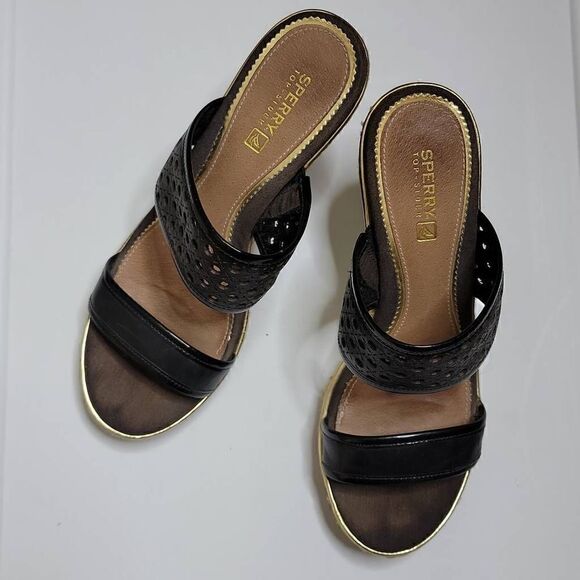 Sperry Top Sider Leather Wedges Eyelet Sisal Rope Slide On Sandals Tan Brown - Picture 15 of 16